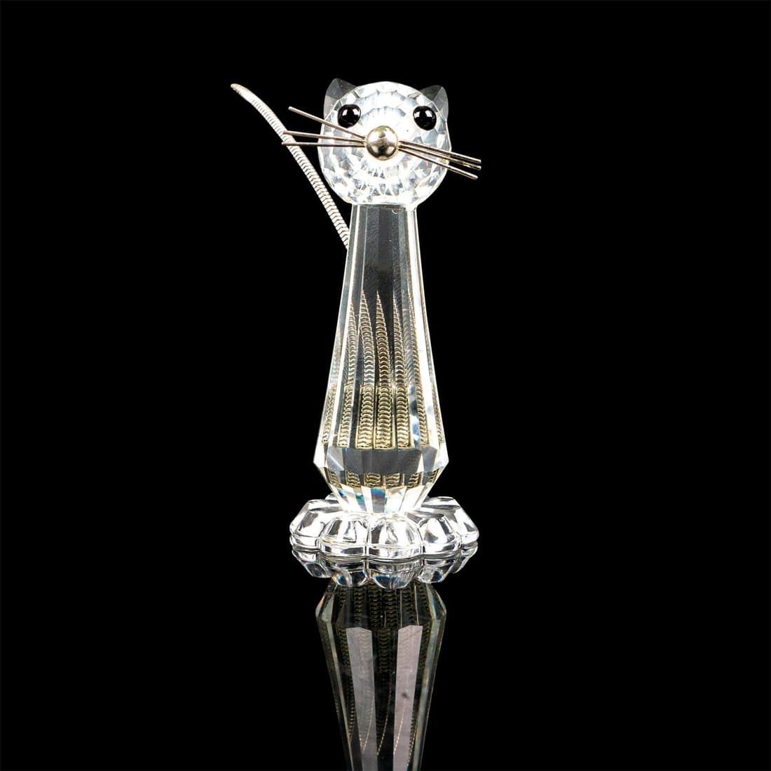 Swarovski Crystal Figure, Sitting Cat, Silver Whiskers/Tail: Cat with metal silver whiskers and flexible tail. Swarovski crystal acid mark on the base. Dimensions: 1.25"L x 1.25"W x 2.75"H Manufacturer: Swarovski Country of Origin: Austria