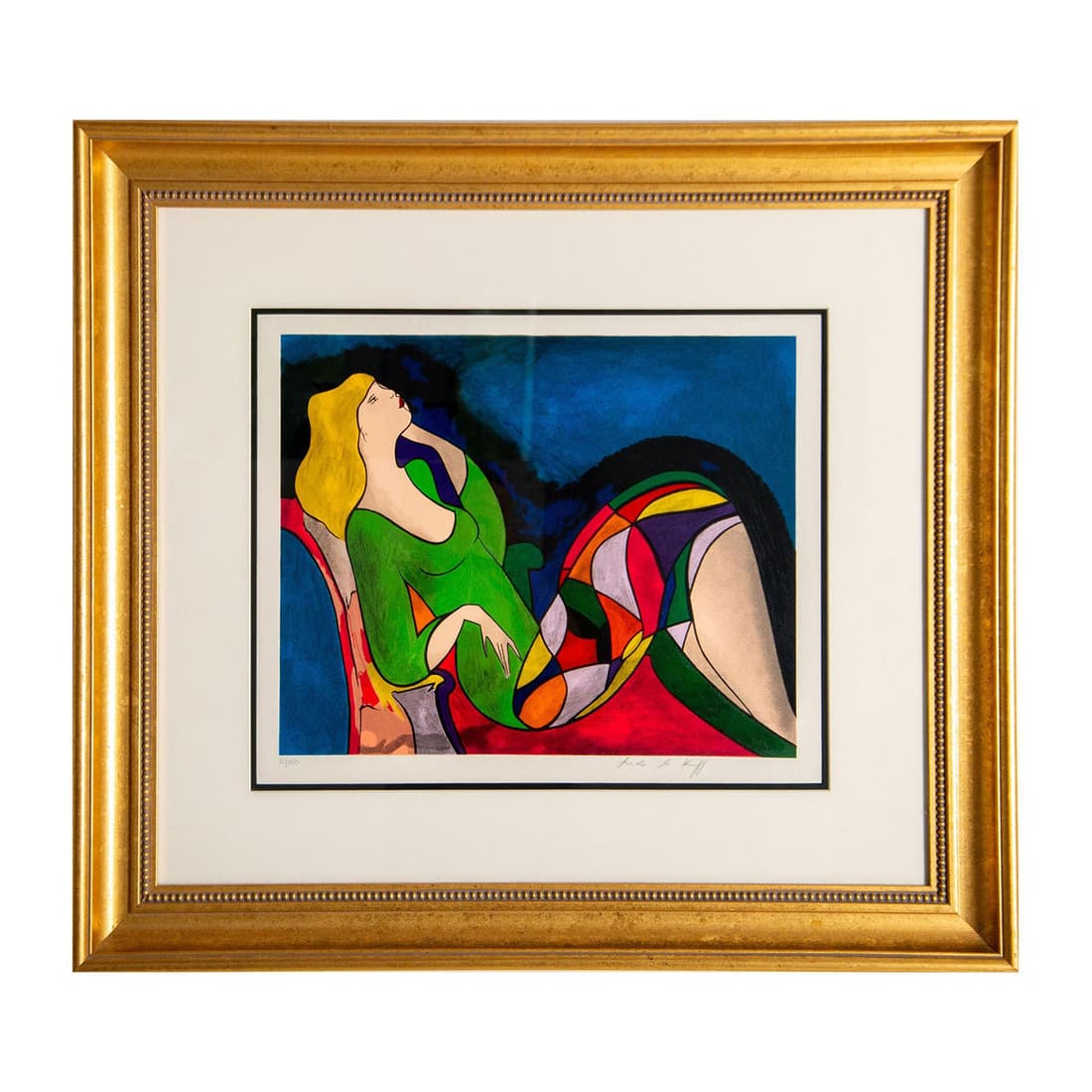 Linda Le Kinff (French b. 1949) Color Serigraph on Paper: Colorful serigraph on wove paper entitled "Mercredi" of a blond woman reclining on a red chaise with areas of vibrant colors and black lines by French artist Linda Le Kinff. Signature in pencil on low