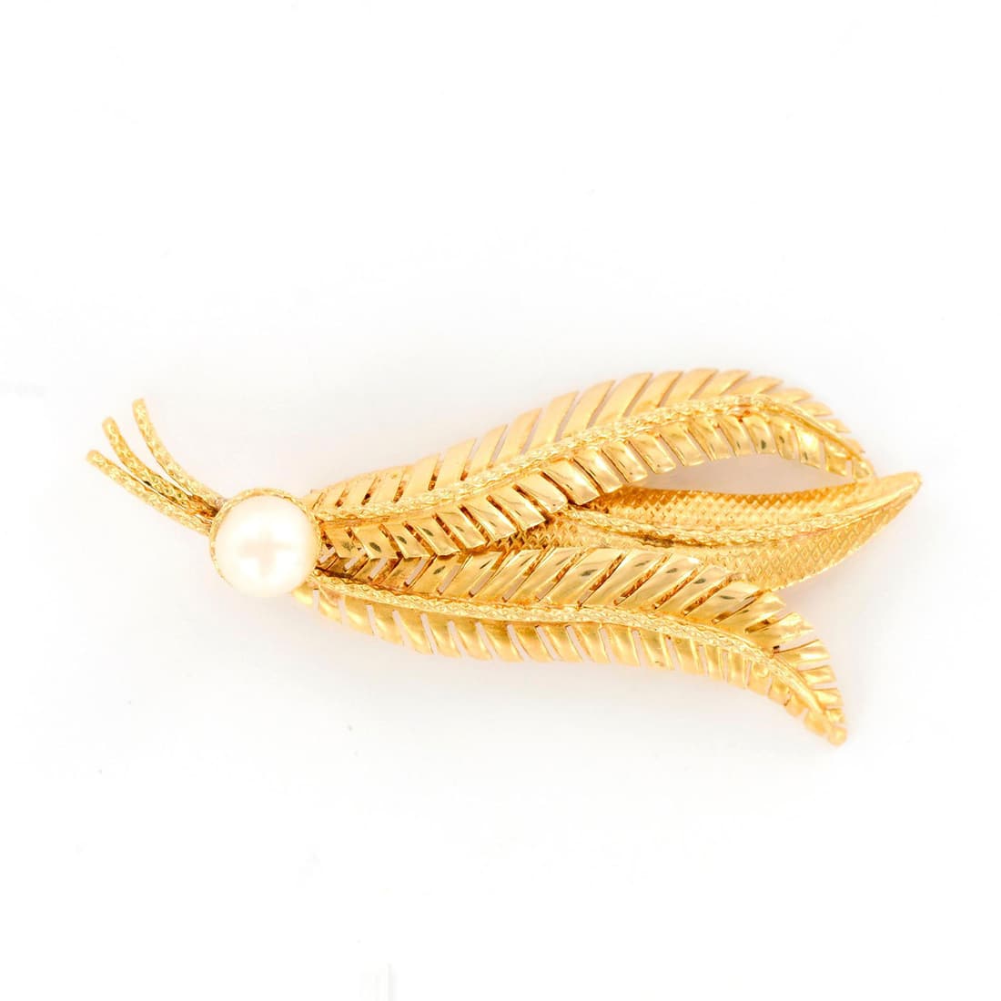 18K Yellow Gold Pearl Leaf Pin Brooch (1 of 3)