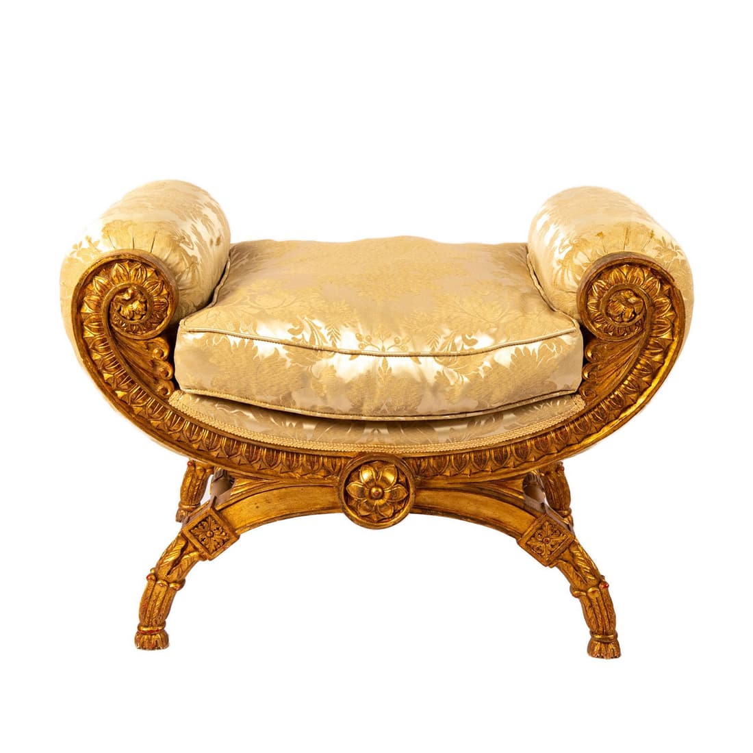 Hilda Flack French Style Tuffet: A beautiful, small, but luxurious Parisian style footrest. Gilded carved wooden frame with hint of red accents. A stunning creamy-white silk cushioned upholstery with floral decor. Hilda Flack brass p