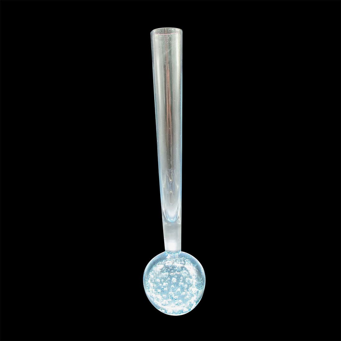 Vintage Holmegaard per Lutken Orchid Vase: Light blue ball vase. Base has controlled bubbles creating a textured exterior. No backstamp. Issued: 1980 Dimensions: 9.25"H x 1.5"dia. Manufacturer: Holmegaard