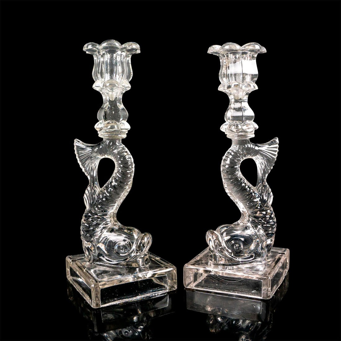 Pair of 19th Century Glass Dolphin Candlestick Holders (1 of 3)