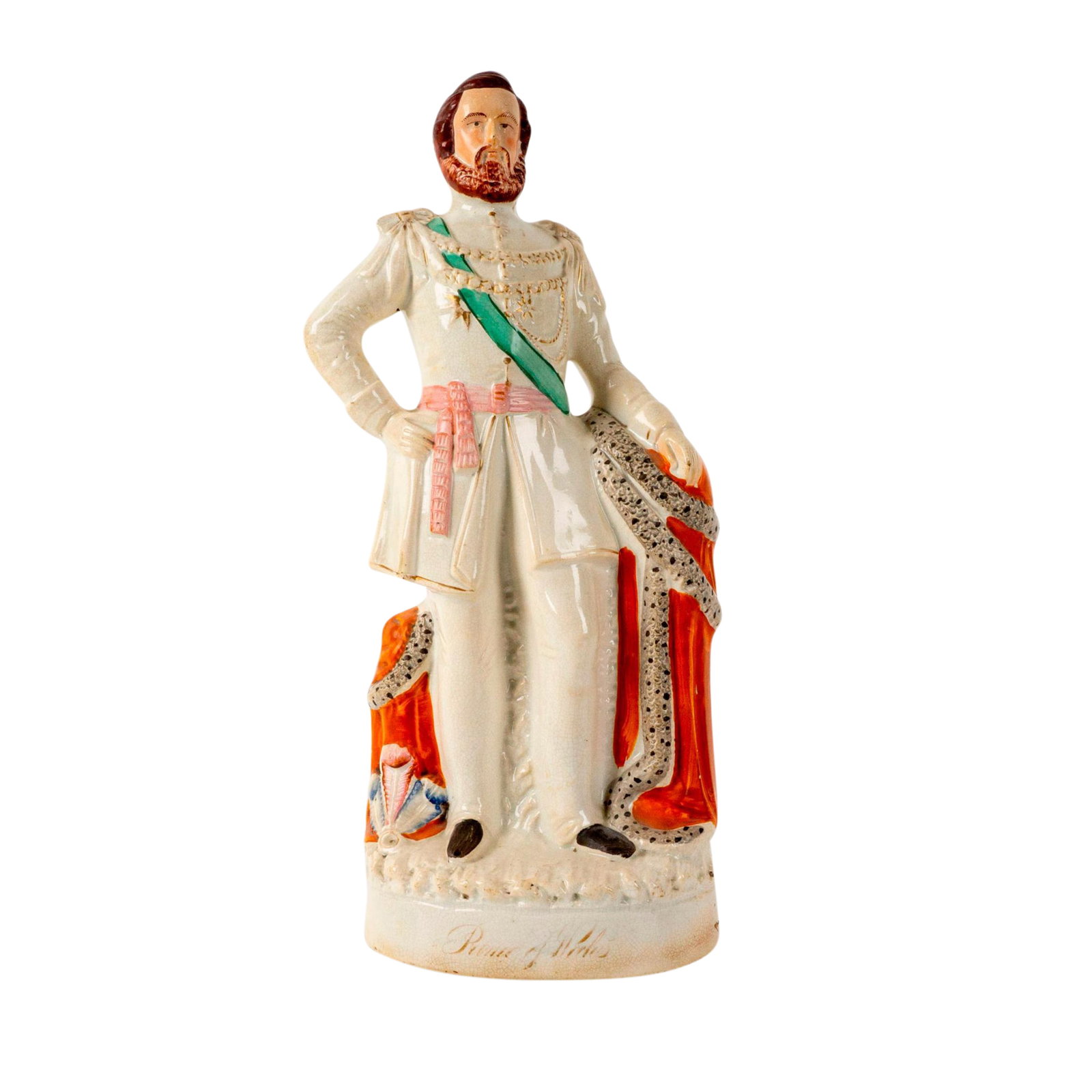 Staffordshire Pottery Figurine, Prince of Wales: A hand painted earthenware figure of Edward VII, the King of the United Kingdom and second eldest son of Queen Victoria. Issued: c. 19th century Dimensions: 8.5"L x 5.25"W x 17.5"H Manufacturer: Staff