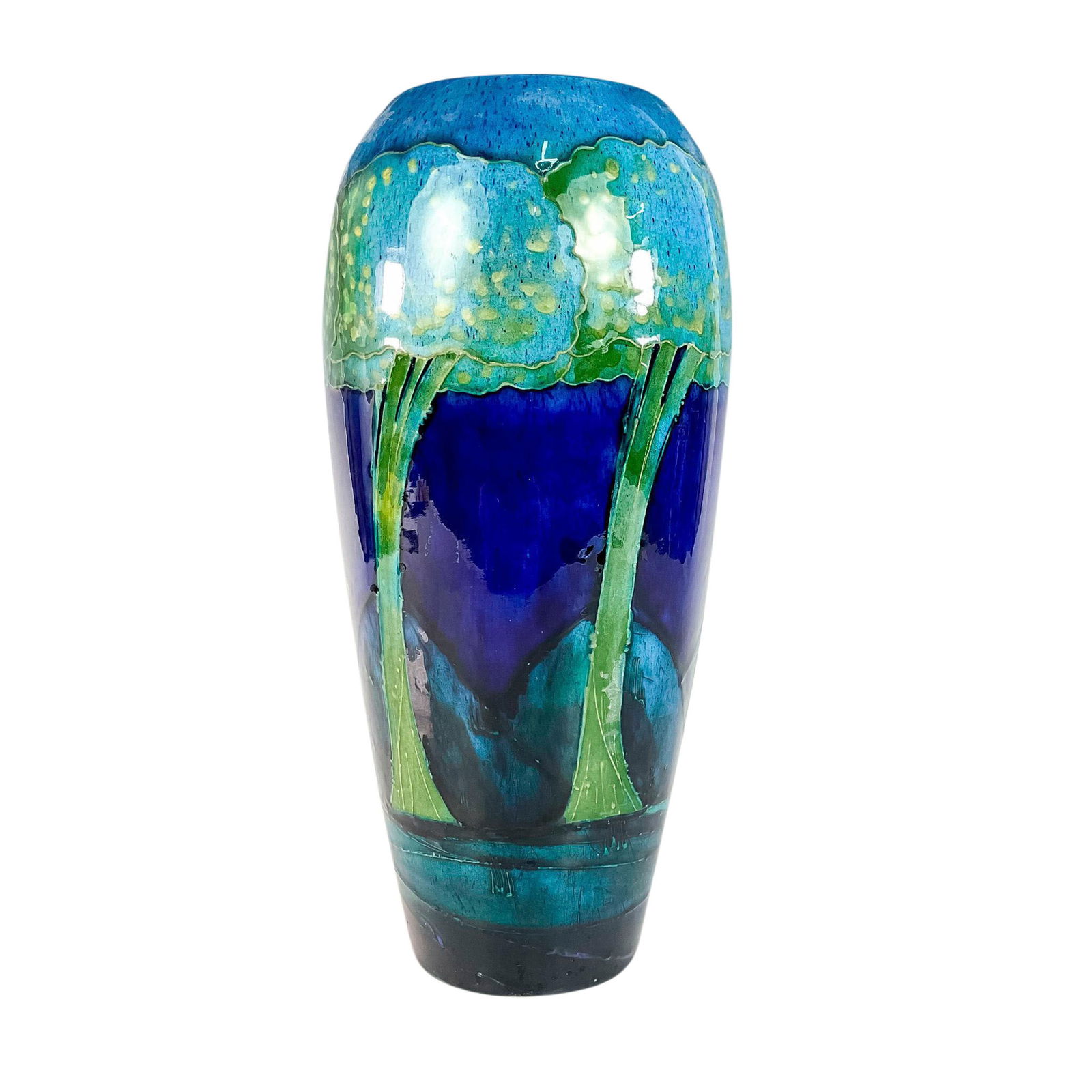 William Moorcroft Large Vase, Moonlit Blue: Stunning art deco vessel decorated with tubleined trees against blue background. Moorcroft Made in England impressed to bottom. Artist signed to base. Artist: William Moorcroft Issued: c. 1925 Dimensi