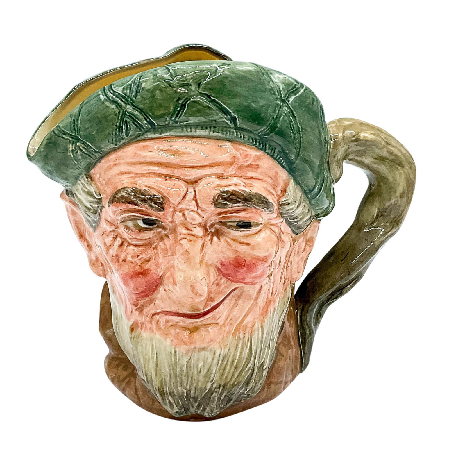 Auld Mac Owd Mac D5823 - Large - Royal Doulton Character Jug: Green tam, brown coat. A song by Sir Harry Lauder, a 20th-century singer and comedian, called " Bang Went Sixpence." inspired this piece. In it a Scotsman named Mac found the prices too high in London