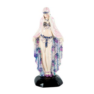 Goldscheider Wien Josef Lorenzl Figurine, Exotic Dancer: Lavender and blue coloration; glazed. Dancer dressed in long floral robe. Goldscheider backstamp. Age related crazing. #exoticdancer #figurine Weight: 1 lb Issued: c. 1930 Dimensions: 12"H Manufacture