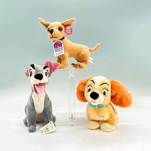 3pc Plush Animal Toys, Lady and The Tramp, Taco Bell Dog: Disney characters from the movie 'Lady and The Tramp' and the classic Taco Bell dog from the 1997 ad campaign. The Tramp is the tallest, 3.25"L x 6.5"W x 7.25"H. Issued: 20th c.