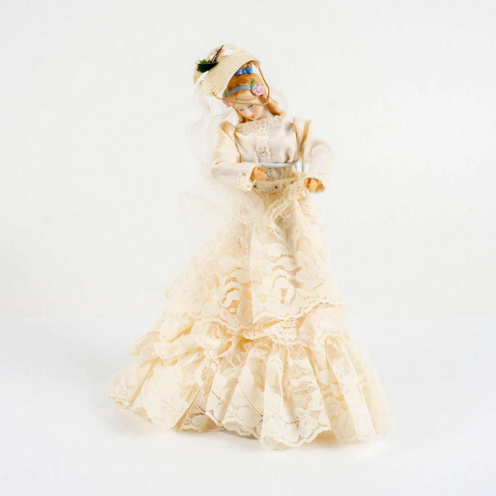 Shackman Mannequin Doll: Hand made bisque with jointed wood arms, torso and legs. Original box included is in excellent gently stored condition. Wearing a cream lace wedding dress, straw had and veil. This item has no reserve