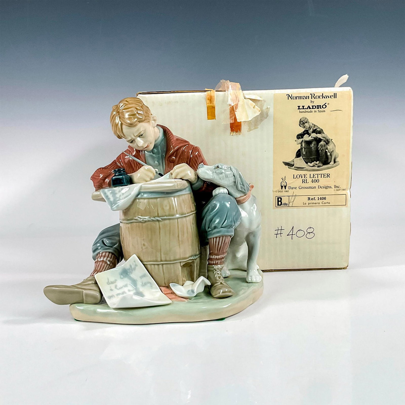 Love Letters 1001406 - Lladro Porcelain Figurine: Glossy finish; Lladro backstamp. Artist: Salvador Furio Issued: 1982 - 1984 Dimensions: 7.5"H Manufacturer: Lladro Country of Origin: Spain