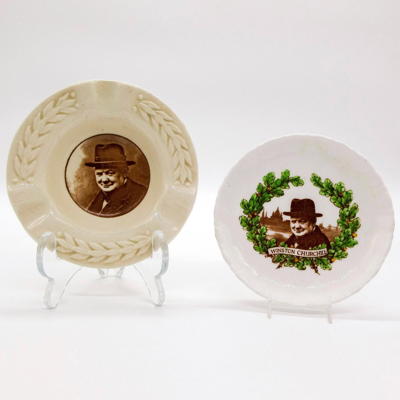2pc Royal Doulton, Winston Churchill Ashtray and Plate: This was their finest hour written on the bottom. Royal Doulton backstamp. Ashtray size - 0.75"H x 4.5" Diameter. Plate 0.5"H x 4.25" Diameter. Issued: 20th c. Manufacturer: Royal Doulton Country of O