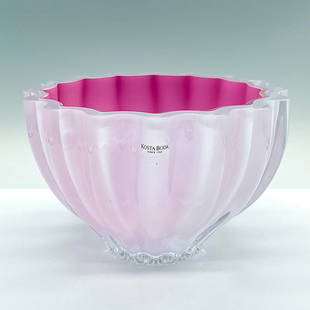 Kosta Boda Ann Wahlstrom Art Glass Bowl, Hot Pink, Signed: A beautiful rippled sculpted bowl. A cerise-pink glass interior and a pastel-rose color exterior with a clear overlay. Artist signed on the base. Kosta Boda sticker on the side. Artist: Ann Wahlstrom