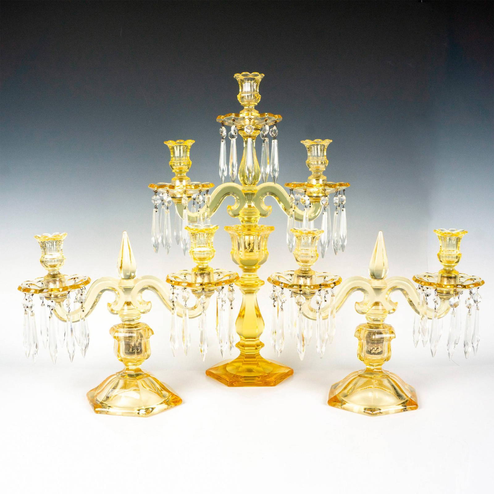3pc Heisey Glass Yellow Candelabras Auction
