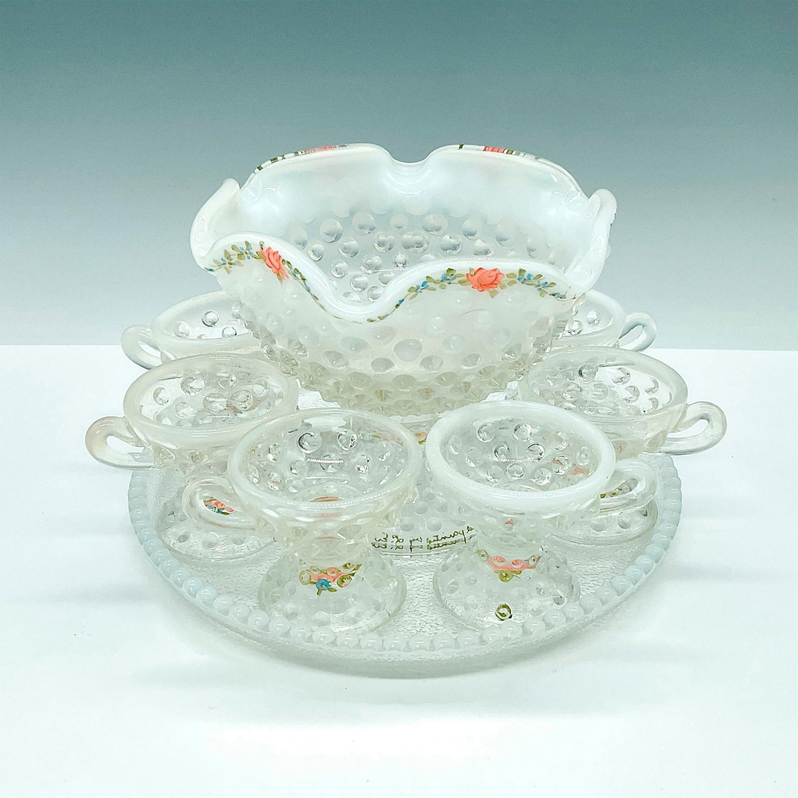 8pc Mini Punch Bowl and 6 Cups Fenton Style Hand Painted (1 of 3)