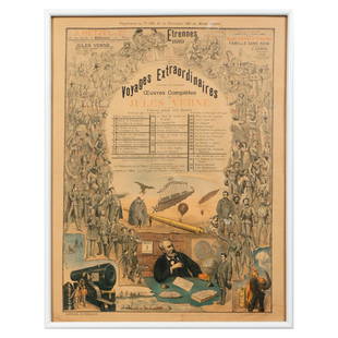 J. Hetzel & Cie, Original Antique Lithograph Poster Jules Verne: Rare original color lithograph for the magazine Le Monde Illustre for the gift giving year 1888-1889. It includes the portrait of writer Jules Verne, a list of his novels published by Hetzel, illustra