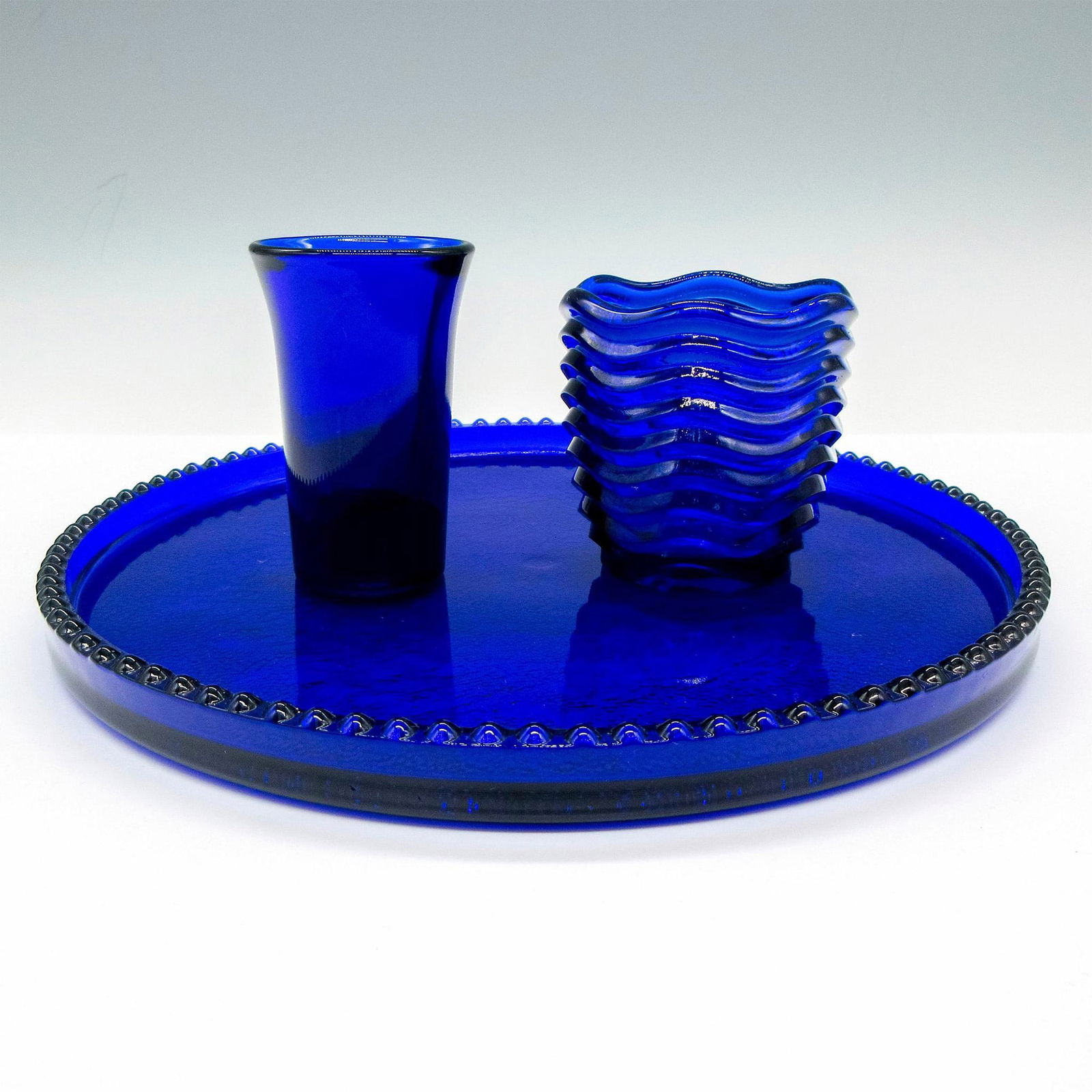 3pc Vintage Cobalt Blue Glass Tray, Shot Glasses (1 of 3)