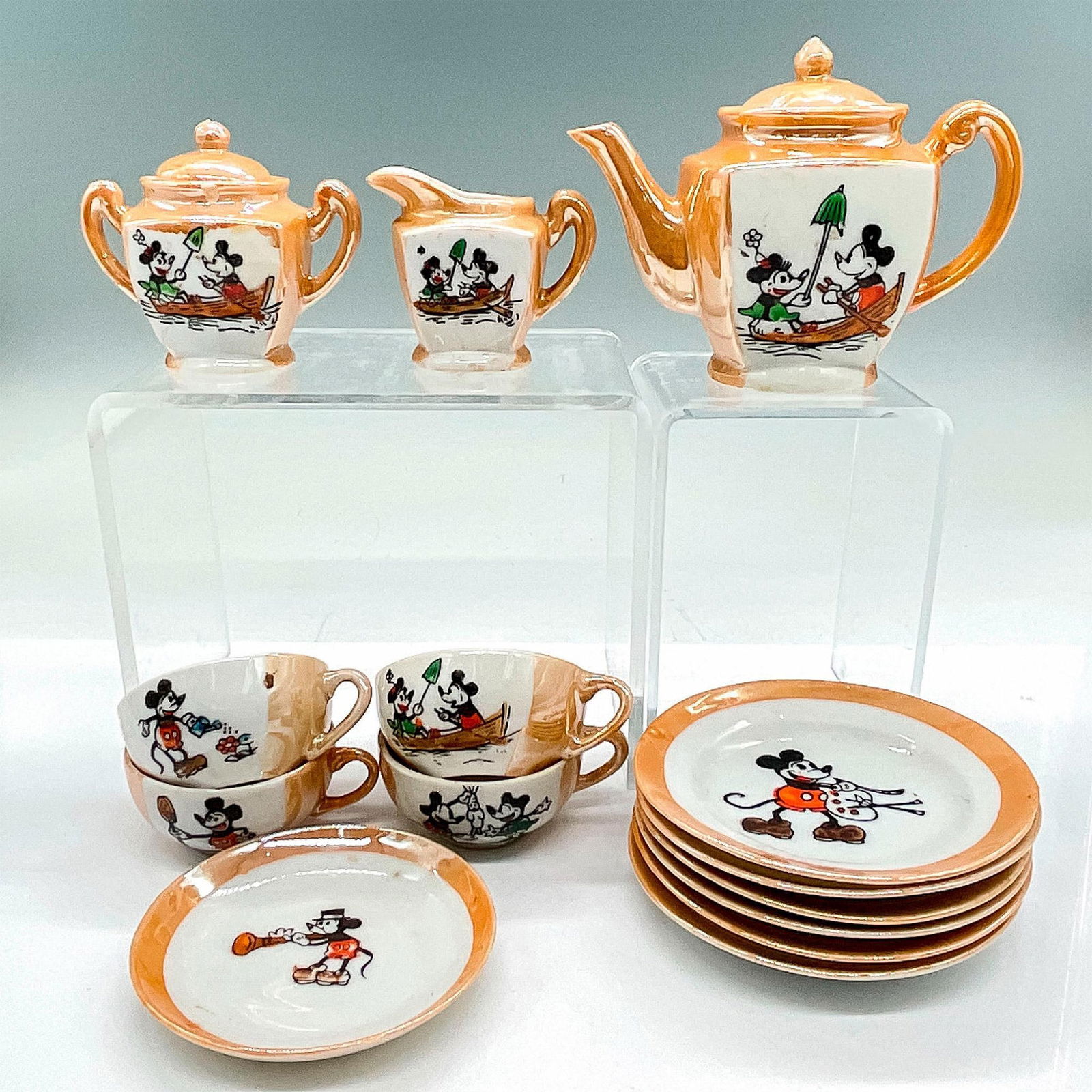 14pc Lustreware Children's Tea Set, Mickey and Minnie Mouse (1 of 9)