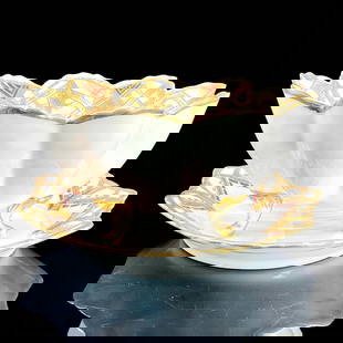 2pc Vintage Nippon Berry Fruit Bowl and Plate: Footed white porcelain bowl in a bright gold pattern with burgundy and turquoise accents, 3.5"H x 6.75"dia, Nippon backstamp. The accompanying plate has the same design 1.25"H x 7.5"dia. Manufacturer: