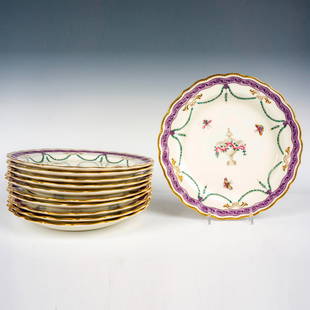 11pc Royal Worcester for Gilman Collamore & Co. Plates: A set of 11 porcelain plates, gild trim plates with a purple border. Royal Worcester backstamps. Issued: c. 1900s Dimensions: 9"W x 1"H Manufacturer: Royal Worcester Country of Origin: England