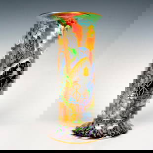 Wedgwood Fairyland Lustre Vase, Torches: Glazed 3177 shape vase in the Torches pattern on the body and Flaming Wheel pattern on the foot and interior. Wedgwood Portland Vase marked, handwritten Z4968. Artist: Daisy Makeig-Jones Issued: c. 19