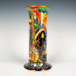 Wedgwood Fairyland Lustre Vase, Torches: Glazed 3177 shape vase in the Torches pattern on the body and Flaming Wheel pattern on the foot and interior. Wedgwood Portland Vase marked, handwritten Z4968. Artist: Daisy Makeig-Jones Issued: c. 19