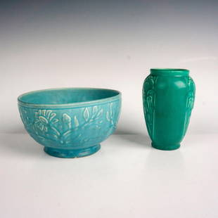 2pc Vintage Rookwood Pottery Floral Vase and Bowl: Matte green vase and blue bowl with stylized flower motif. Rookwood stamps. Vase: 3.5"W x 5.5"H. Bowl: 7"W x 3.75"H. Manufacturer: Rookwood Country of Origin: United States