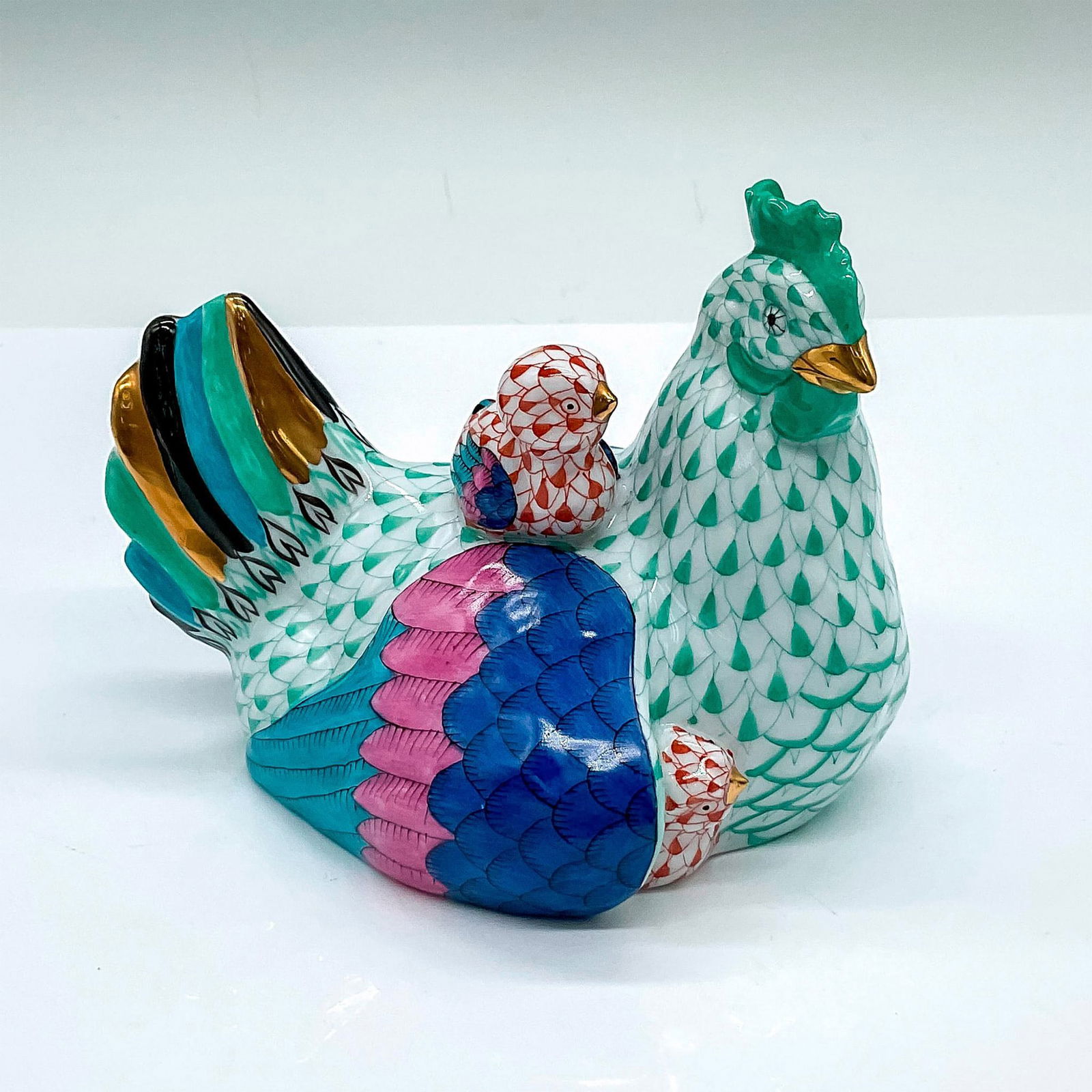 Herend Porcelain Green and Red Figurine, Hen with Chicks (1 of 3)