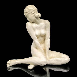 Rosenthal Fritz Klimsch Sculpture, Sitting Girl: Art Deco figure of an young lady in an innocent pose. Venus inspired piece. Bisque porcelain sculpture. Artist signed. Rosenthal Germany Kunstabeilung Selb backstamp. Artist: Fritz Klimch Issued: c. 1