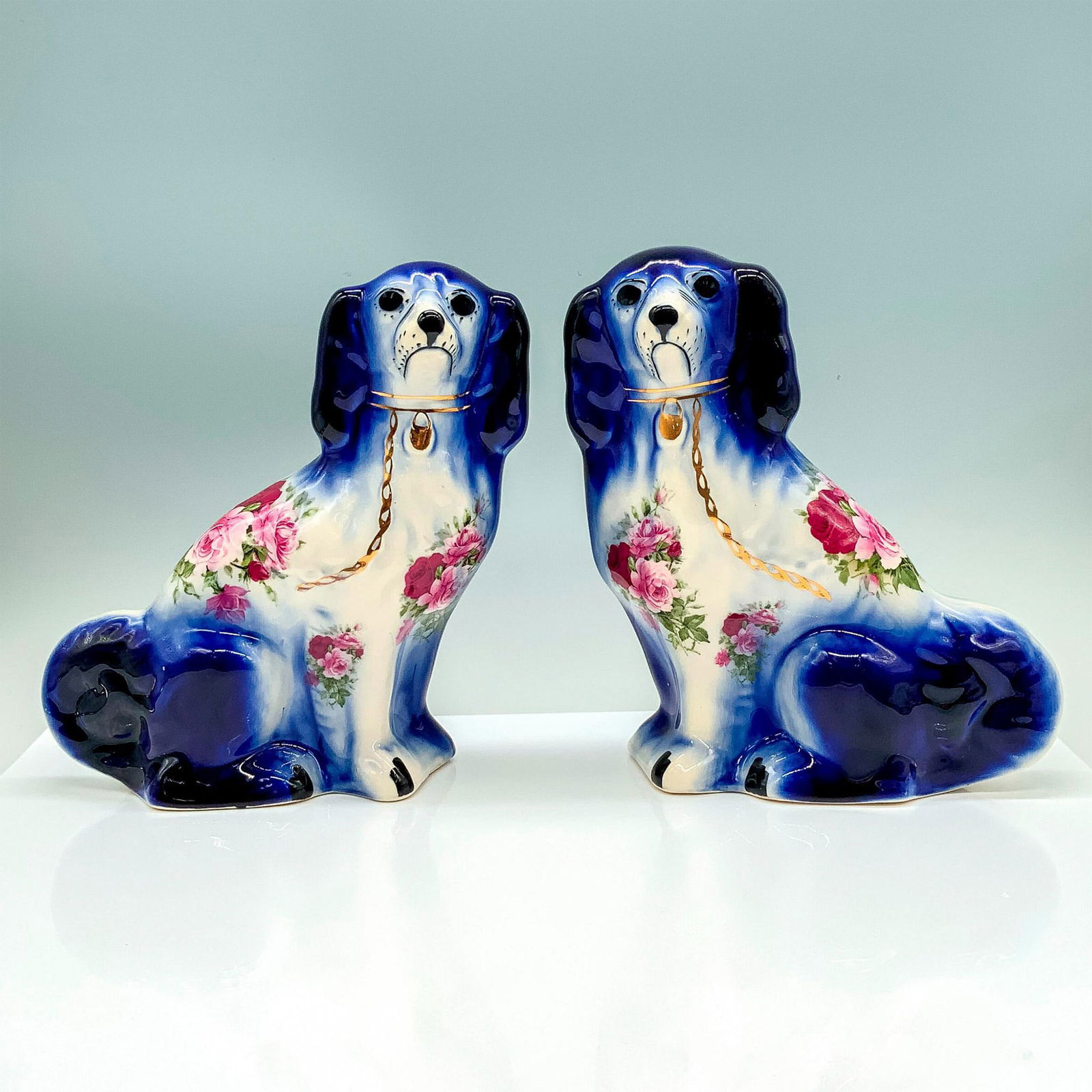 Pair of Blue and White English Ceramic Dog Figurines (1 of 3)