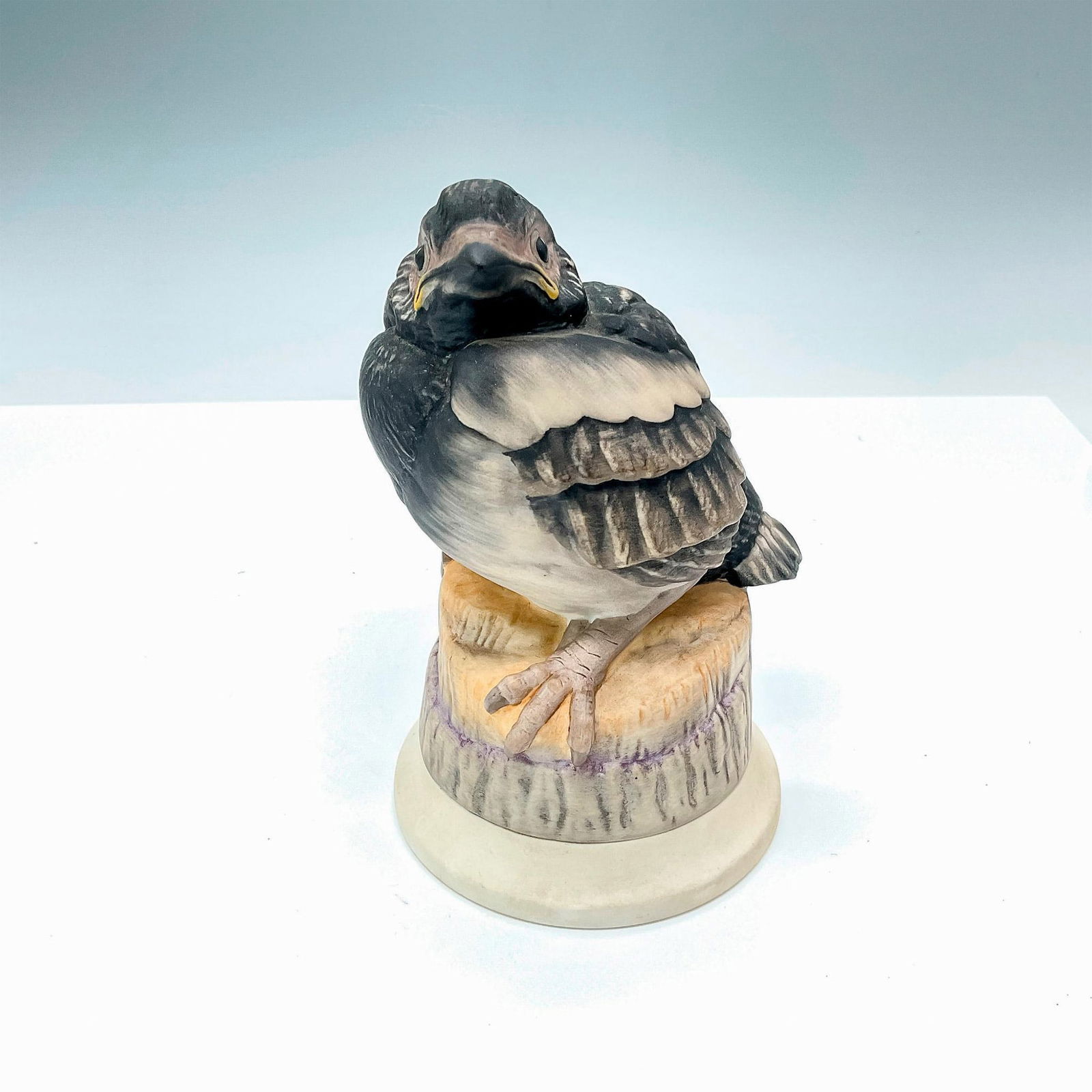 Edward Marshall Boehm Bird, Fledgling Magpie: Edward Marshall Boehm Studios Porcelain Figurine Bird, Fledgling Magpie #476 C, a black-brown bird standing on a tree stump. Boehm backstamp. Issued: 20th Century Dimensions: 5"L x 5"W x 6"H Manufactu