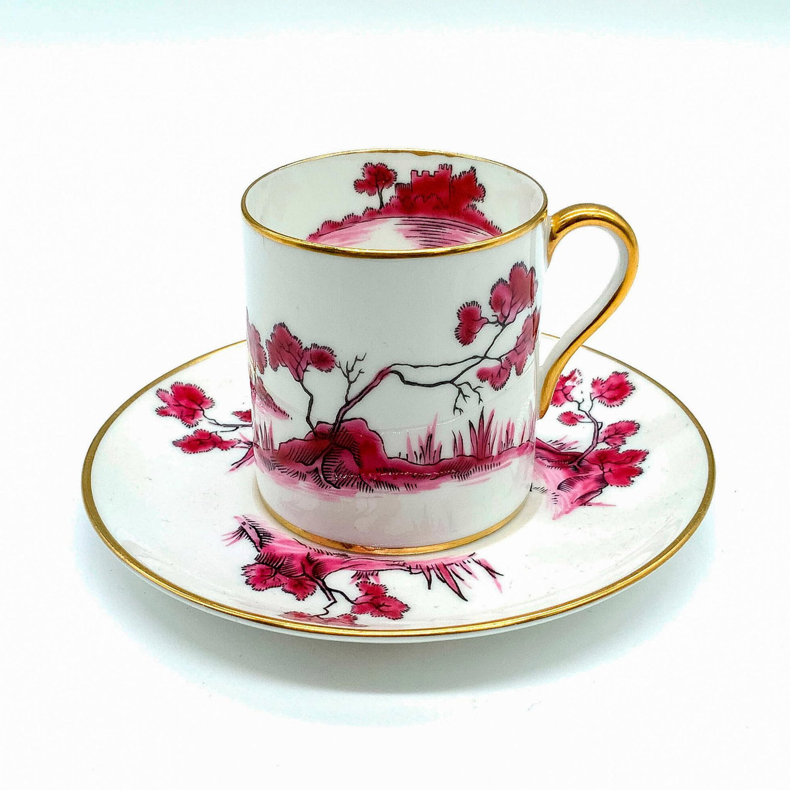 Shelley Bone China Pink Castle Pattern Demitasse & Saucer: Hand painted espresso cup and saucer. Cup: 2.25"L x 2"W x 2.25"H. Saucer: 4.5"dia. Manufacturer: Shelley Country of Origin: England