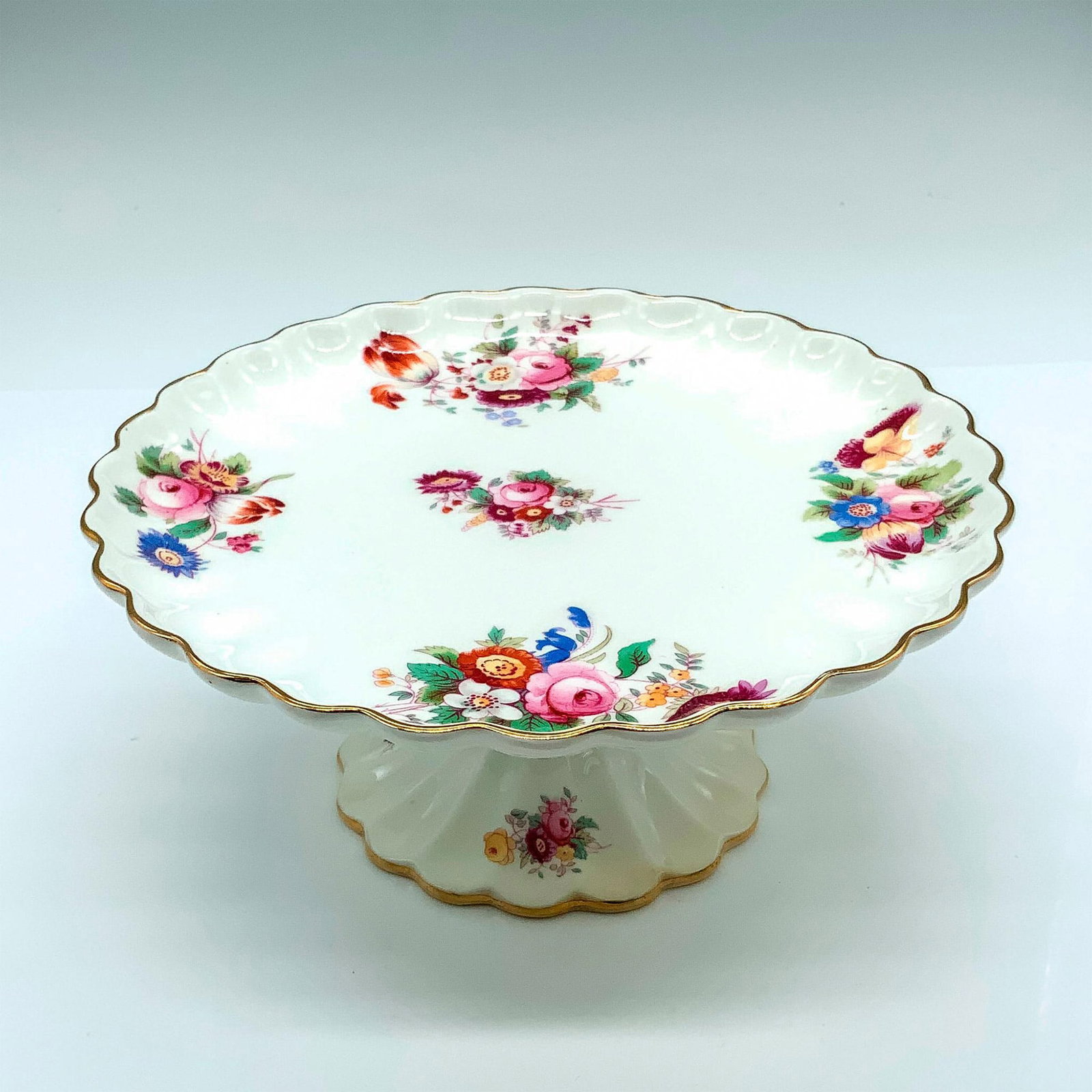Coalport Bone China Floral Cake Pedestal Stand Tray: Round scalloped cake dish made by Coalport with a floral pattern. Dimensions: 8"dia. x 3.5"H Manufacturer: Coalport Country of Origin: England