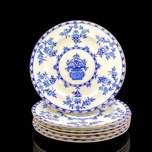 6pc Royal Doulton Blue and White Salad Plates, Flowers: Six porcelain plates with a cobalt blue floral pattern and gilt rim. Royal Doulton backstamp. Dimensions: 0.5"H x 8"dia Manufacturer: Royal Doulton Country of Origin: England