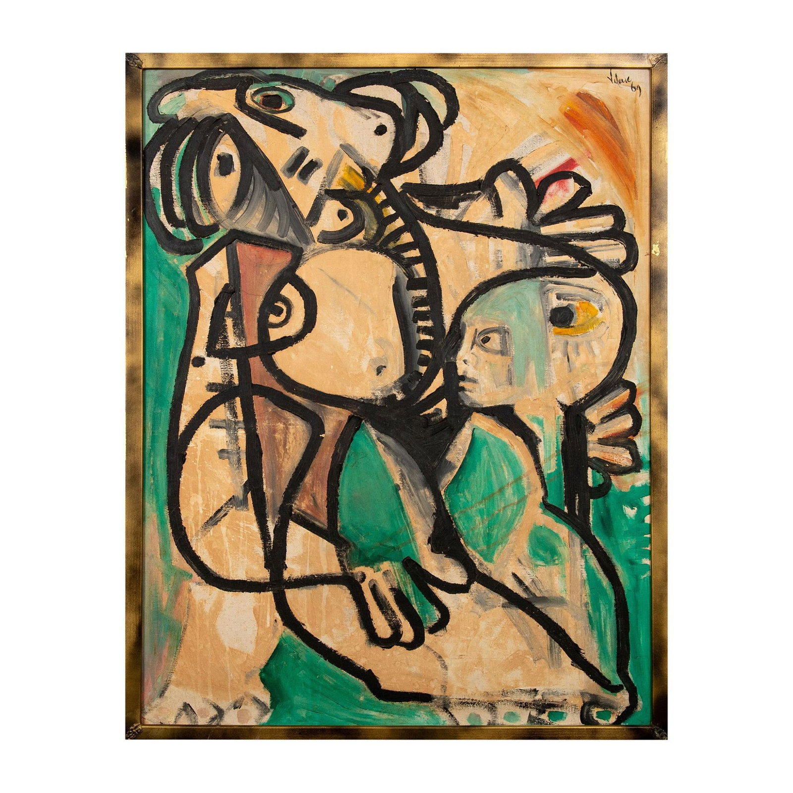Original Oil on Canvas, Expressionist Figures, Signed: Enthralling large oil on canvas painting made in a Expressionist/Late Cubist style. The artist has represented a wide eyed child who appears to be seating on his mother's lap as he looks at her enormo