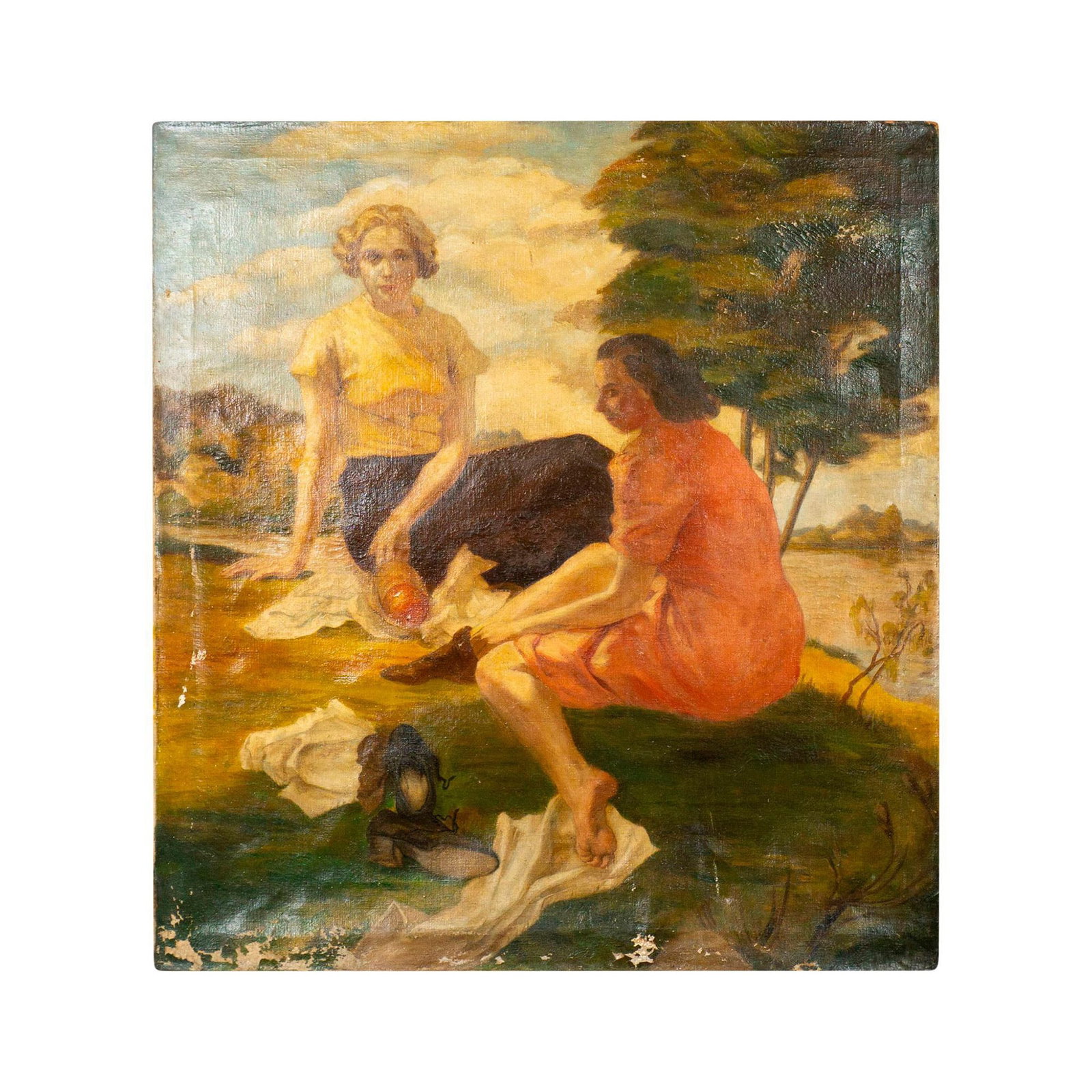 William Samuel Schwartz (American/Russian, 1896-1977) Oil: Large oil painting on canvas of two ladies having a picnic. Signed on verso. Measures 36.5" x 31". Unframed. Schwartz was born in Belarus (then part of the Russian Empire). Later he emigrated to the U