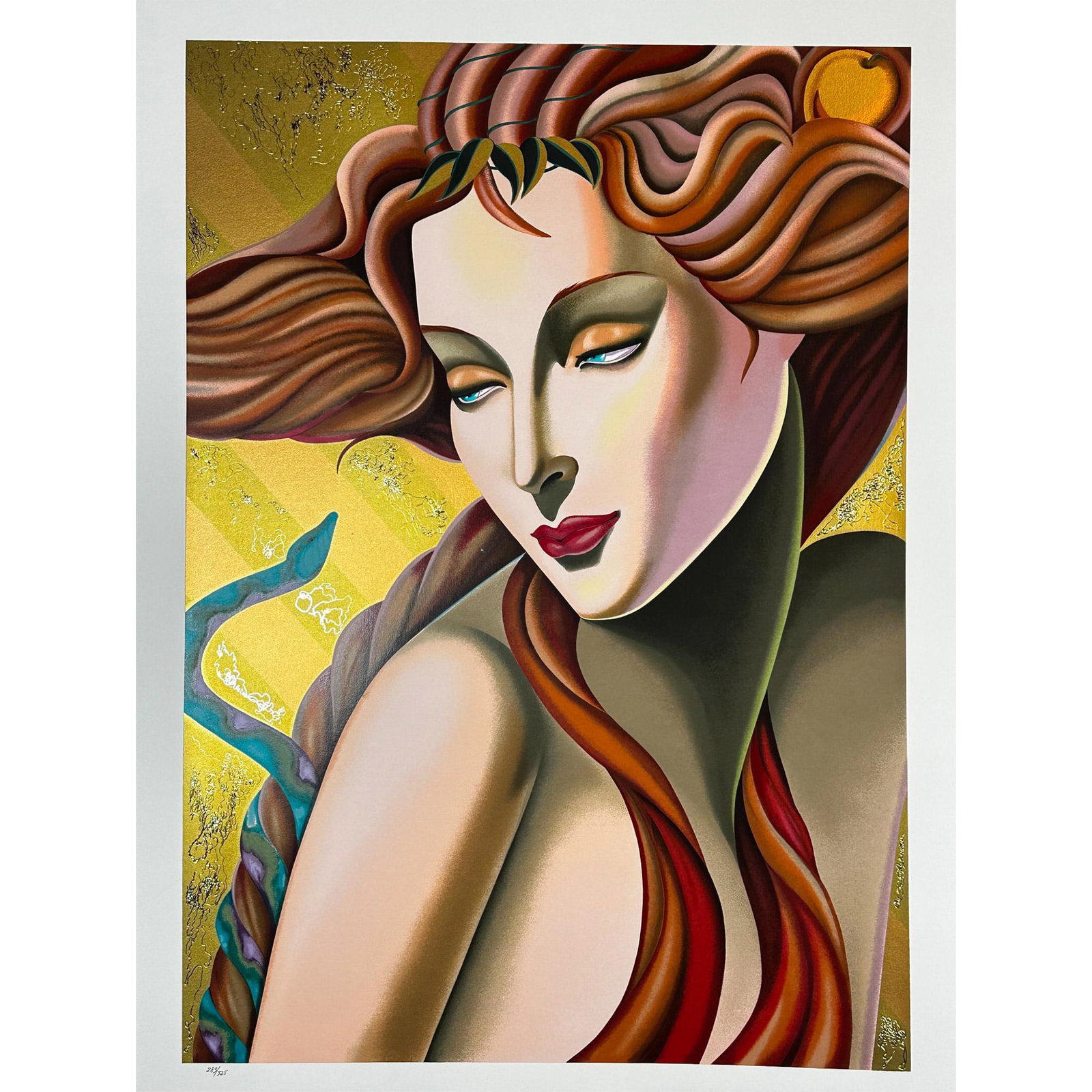 Moser (American) Serigraph with Gold-Foil Stamping Eve, signed: Serigraph with Gold-Foil Stamping titled Eve. Signed lower right numbered 283/325. Sight size 27.5" x 36.5"