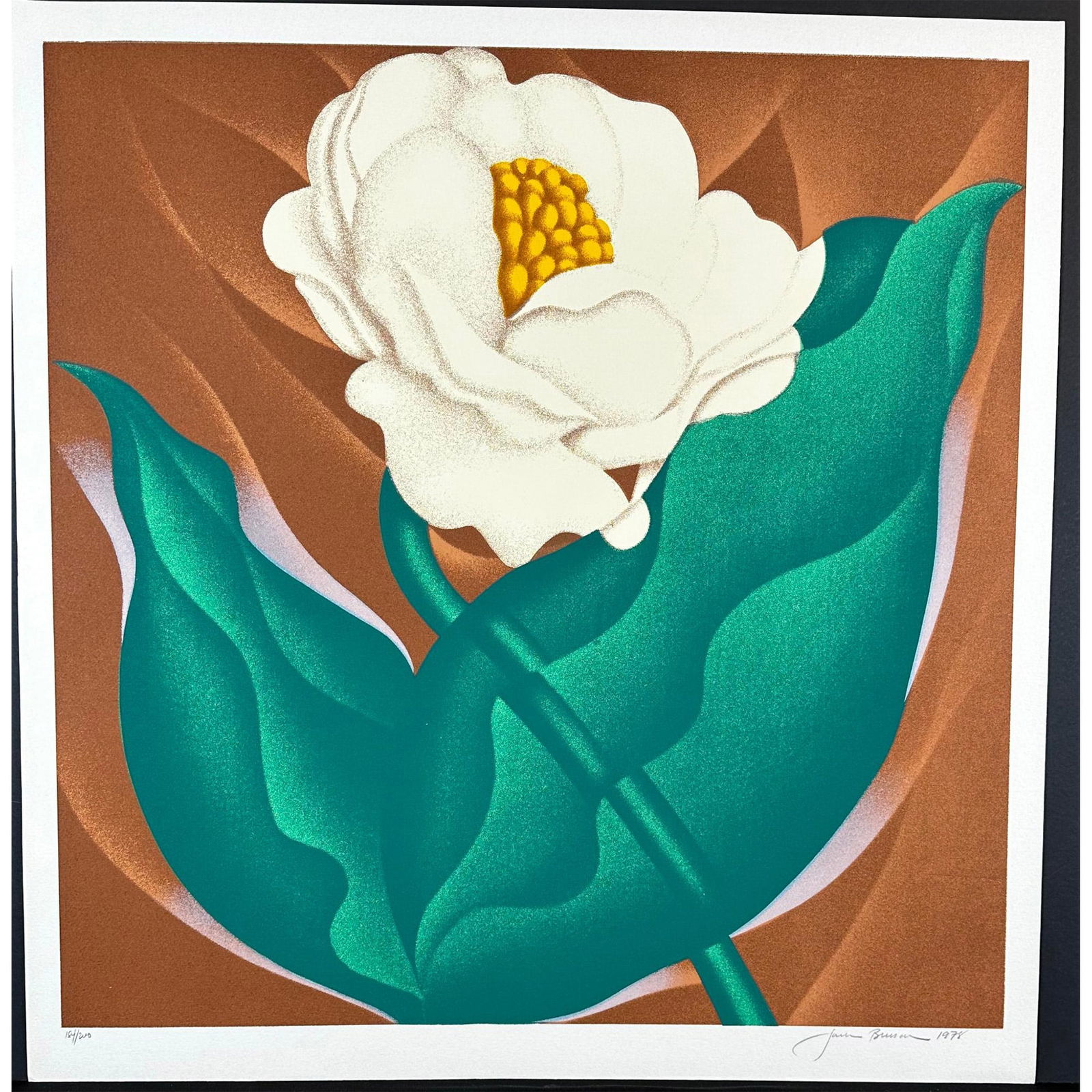 Jack Brusca (American) 1939-1993 Silkscreen, Globe Flower, Signed: Silkscreen titled Globe Flower, signed lower right, numbered 184/200. Sight size 26.5" x 25.5". Jack Brusca was a prominent American contemporary painter and printmaker. His mastery lies in manipulati