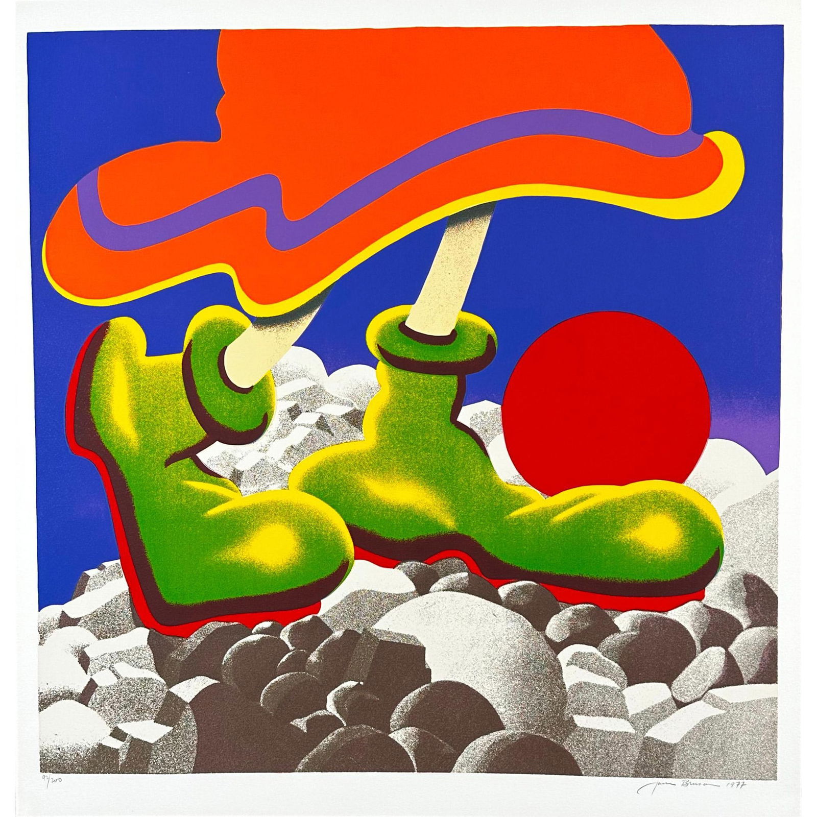 Jack Brusca (American) 1939-1993 Silkscreen, Girl With Beachball, Signed: Silkscreen titled Girl With Beachball, year 1977, signed lower right, numbered 92/200. Sight size 26.5" x 25.5". Jack Brusca was a prominent American contemporary painter and printmaker. His mastery l