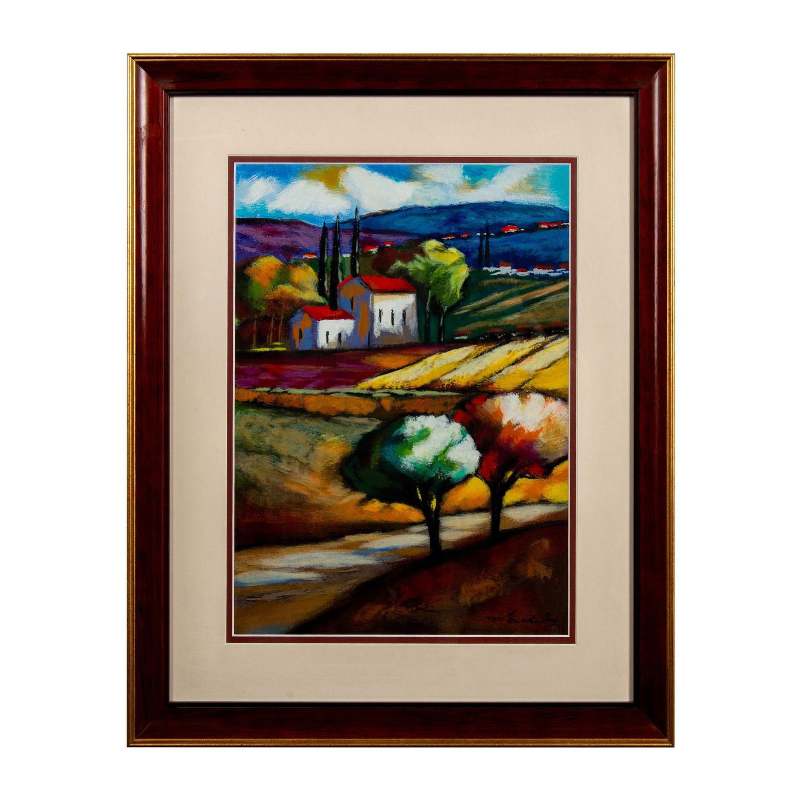 Slava Brodinsky (b. 1955) Serigraph on Paper, Signed: Serigraph on paper depicting a vivid post-impressionist style Tuscan landscape with a large white house in the distance. White and red double matte with red and brushed gold wood frame. Signed by arti