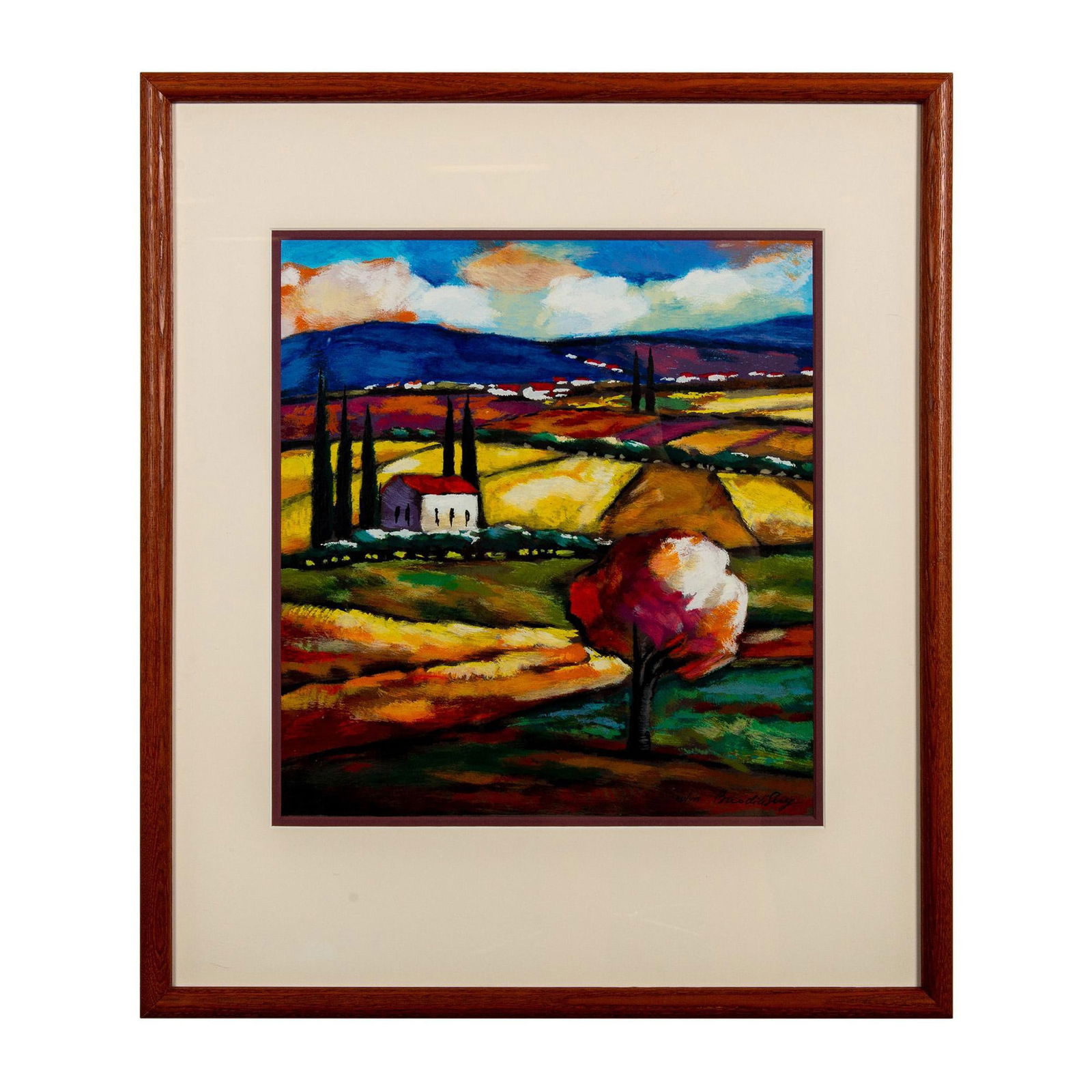 Slava Brodinsky (b. 1955) Serigraph on Paper, Signed: Vibrant Tuscan landscape print featuring rolling hills and a white barn in the distance. Edition number and artist signature on lower right corner. Mauve and white double matte; wood frame. Sight size