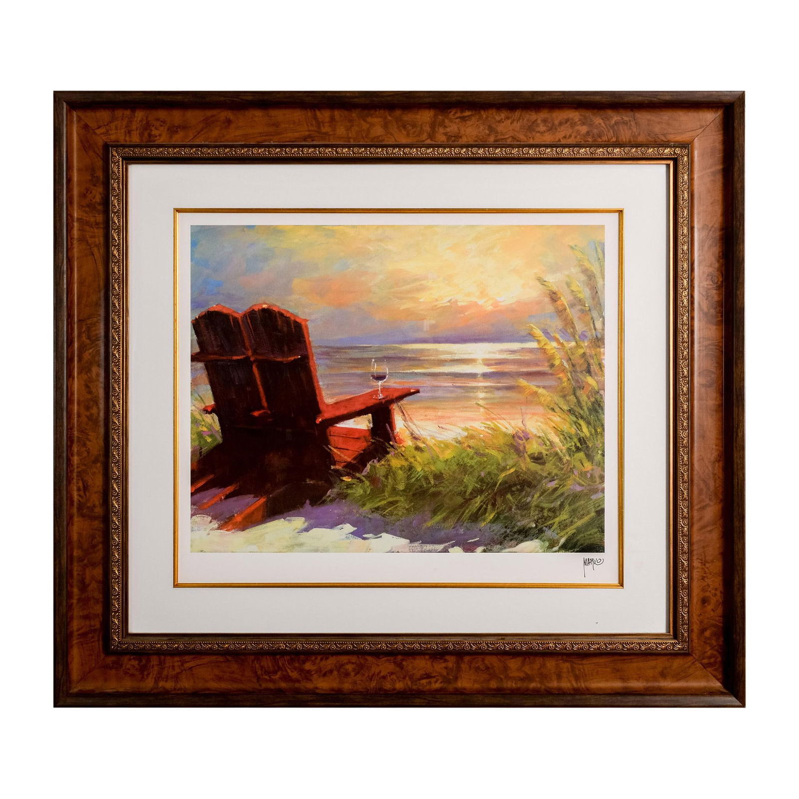 Marko Mavrovich (Croatian-American, b. 1960) Seriolithograph: Title: It Gets Better. Seriolithograph print on paper depicting a post-impressionist style beach scene of two empty red Adirondack chairs with glass of red wine overlooking a golden sunset on the ocea