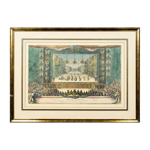 Israel Silvestre (France 1621-1691) Print, Seconde Journee: Housed in a gilded and lacquer wooden frame and tan mat. Colored print on paper depicts a play with orchestra pit between the Palace of Versailles from the Grand Canal. Details of the production in Fr