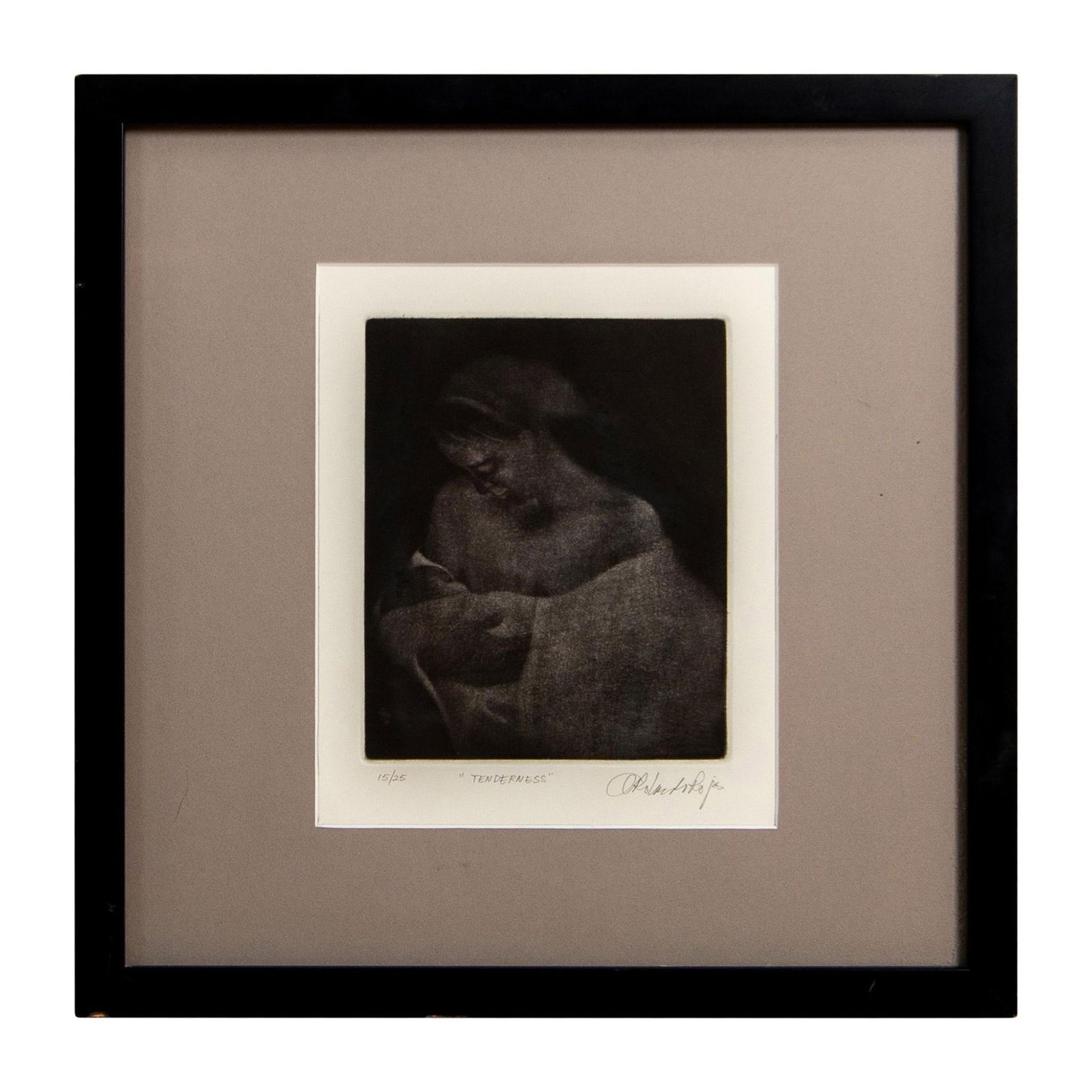 Agustin Rolando Rojas (Cuban), Etching, Tenderness: This beautiful etching represents an intimate moment between a mother and her young child that she holds in her arms. Printed by reputed Cuban artist and Master Printer Agustin Rolando Rojas, this etc