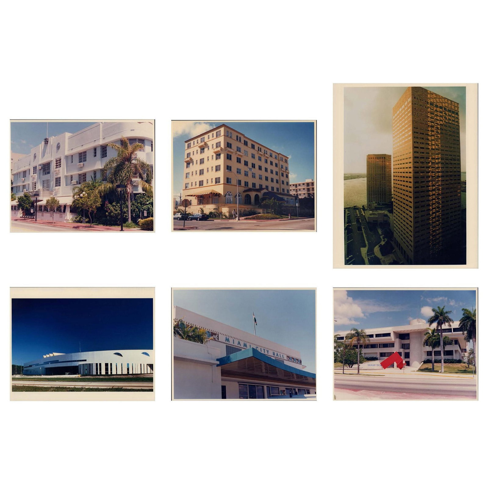 6pc Assorted Colored Photographs of Miami Florida: Architectural photographs that beautifully captures the sunlight on the elegant lines of the buildings. One photo was taken by Bob Geldberg. Includes, architectural photographs of North Dade Justice C