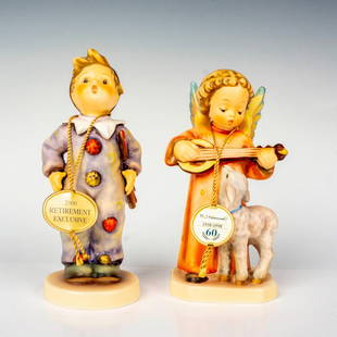 2pc Goebel Hummel Figurines, Angel Serenade + Carnival: Hand painted in matte finish modeled as an angel playing a tune for the lamb and a young boy dressed as a Pierrot. Both include hang tags. M. I. Hummel impressed backstamp. Goebel backstamp. Angel