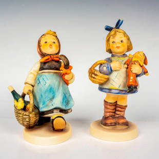 2pc Goebel Hummel Figurines, Visiting An Invalid + What Now: Hand painted in matte finish, special edition collectible figures. M. I. Hummel impressed backstamp. Goebel backstamp. Visiting an Invalid figure measures: 3"L x 2.25"W x 5"H. What Now figure measures