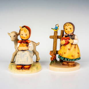 2pc Goebel Hummel Figurines, Good Friends + Sweet Greetings: Hand painted in matte finish pieces. M. I. Hummel impressed backstamp. Goebel backstamp. Tallest measures: 3"L x 2.25"W x 5"H. Shortest measures: 3"L x 2.75"W x 4"H. Manufacturer: Goebel Hummel Countr