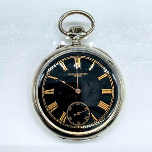 Patek Philippe Openface Pocket Watch Chronometro Gondolo: Handsome silver pocket watch with a black face and 18k rose gold leaf shaped hours/minutes hands and 18k rose gold small seconds hand with hour correction pusher between 11 and 12 o'clock. Roman