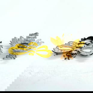2pc Bee Insect Brooch Pins: Taxco sterling silver bumblebee pin with yellow and black enamel measures 1.5"L x 1"W. Two tone metal bee has gold wings with a silver body and measures 1.25"L x 0.75"W.