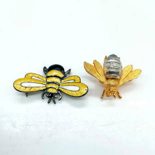 2pc Bee Insect Brooch Pins: Taxco sterling silver bumblebee pin with yellow and black enamel measures 1.5"L x 1"W. Two tone metal bee has gold wings with a silver body and measures 1.25"L x 0.75"W.