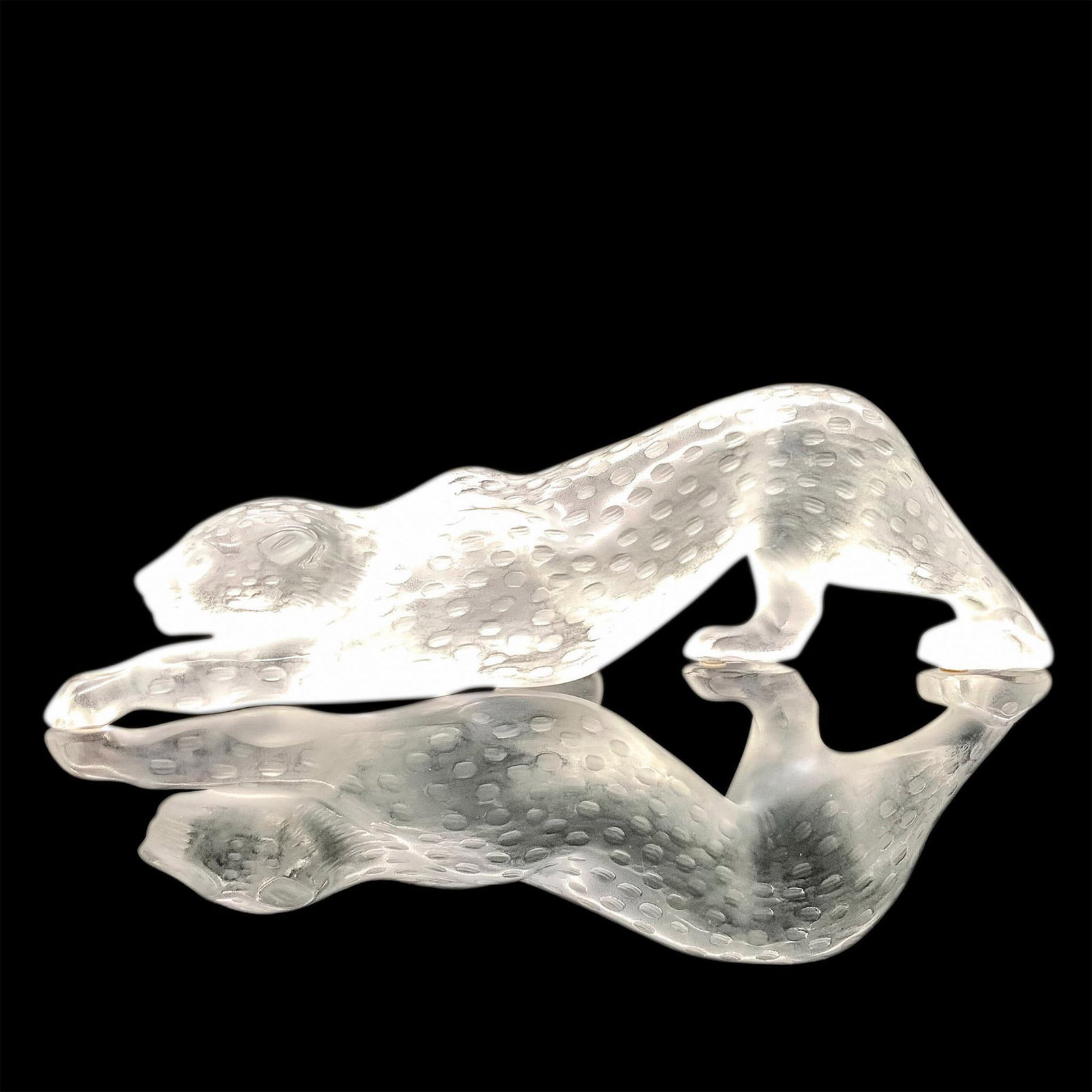 Marie-Claude Lalique (French, 1935-2003) Crystal Sculpture, Zeila Panther: Art deco style of a creeping panther made of frosted crystal. Signed Lalique France. Artist: Marie-Claude Lalique (French, 1935-2003) Dimensions: 14.25"L x 3"W x 4.5"H Manufacturer: Lalique Country of